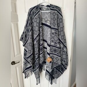Geometric Gray and Blue Poncho